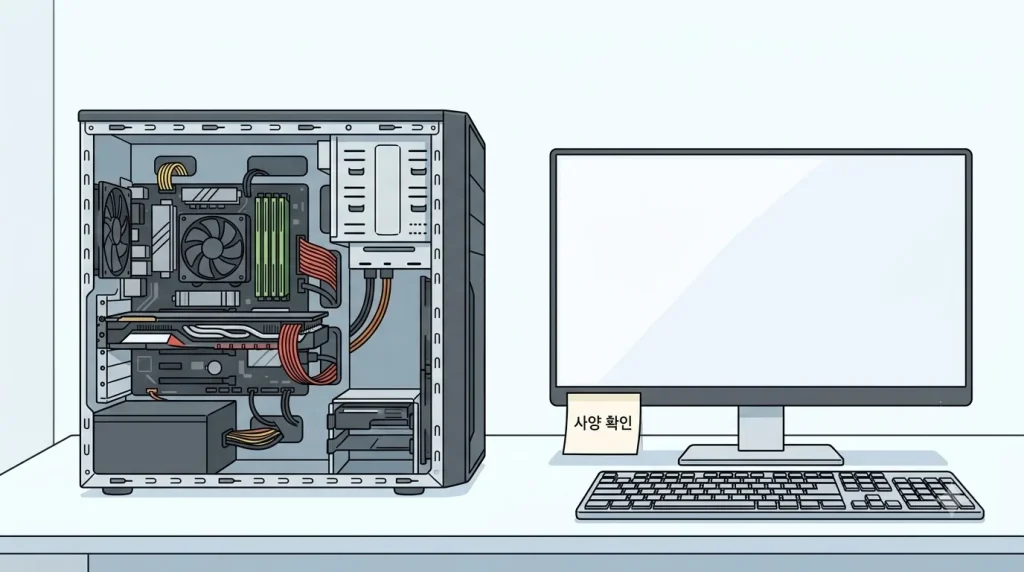 열린 본체의 그래픽카드와 사양 확인 메모