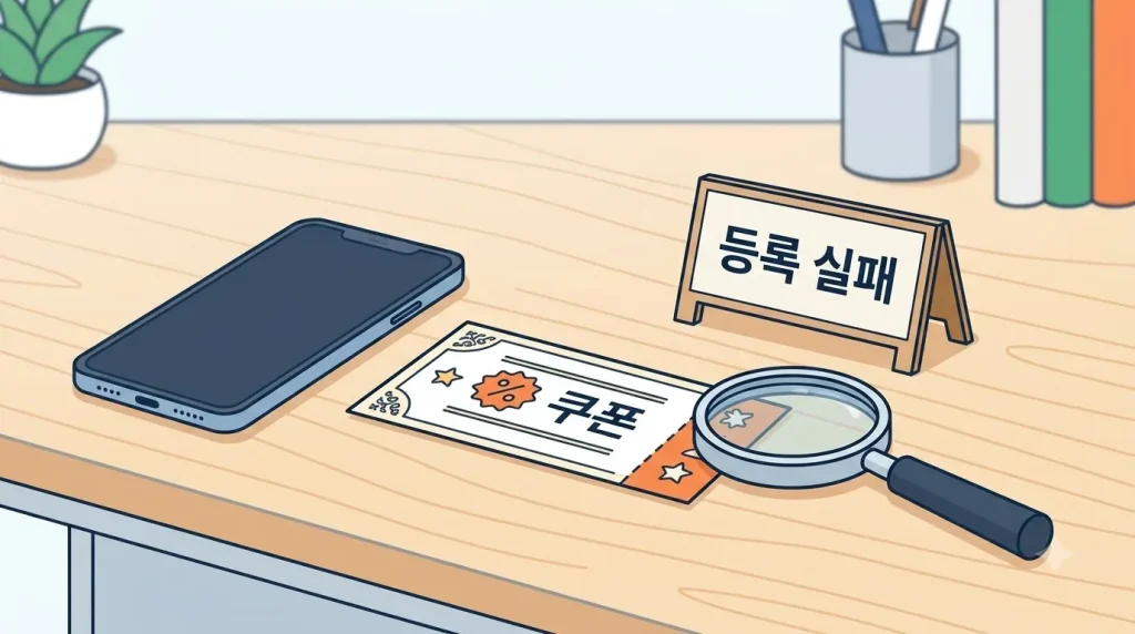 책상 위 스마트폰과 쿠폰 카드, 등록 실패 팻말과 돋보기