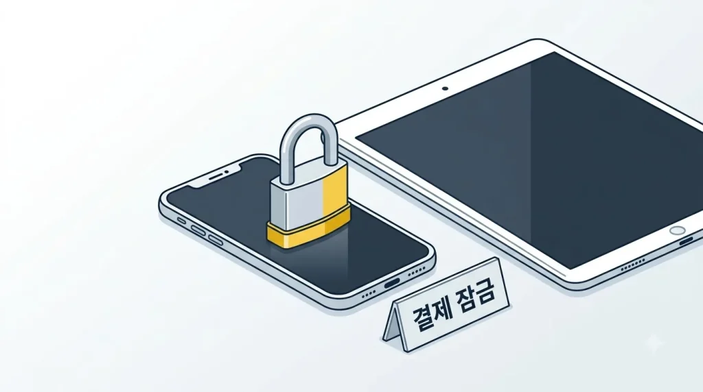 스마트폰 위에 놓인 자물쇠와 결제 잠금 팻말