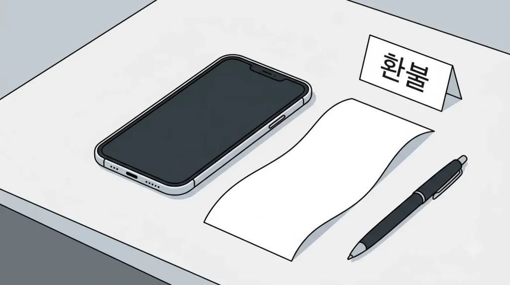 책상 위 빈 화면 스마트폰과 영수증 모양 종이, 환불 팻말