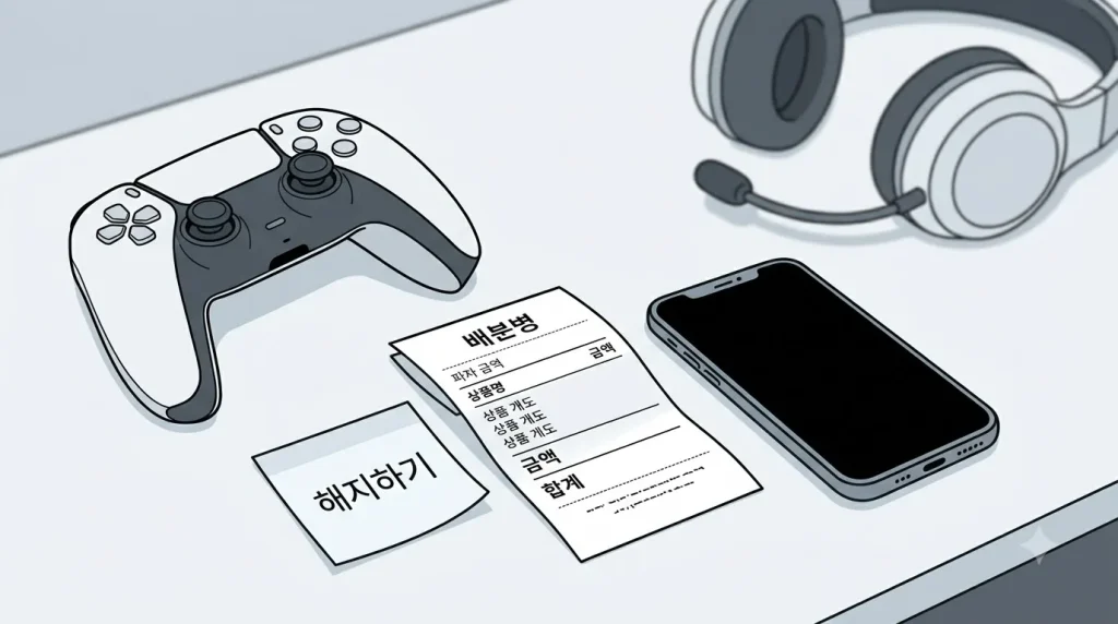 스마트폰과 게임패드 옆 구독 해지 메모