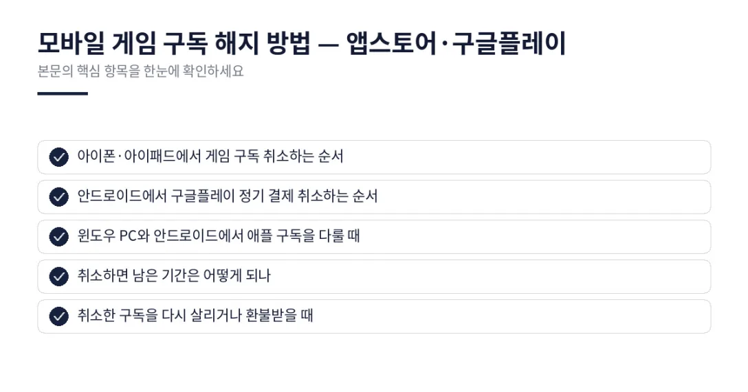 이 글에서 확인할 내용: 아이폰·아이패드에서 게임 구독 취소하는 순서, 안드로이드에서 구글플레이 정기 결제 취소하는 순서, 윈도우 PC와 안드로이드에서 애플 구독을 다룰 때, 취소하면 남은 기간은 어떻게 되나, 취소한 구독을 다시 살리거나 환불받을 때